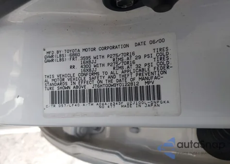 2000 Lexus Lx 470 z USA, uszkodzony, nr VIN JT6HT00W9Y0122812